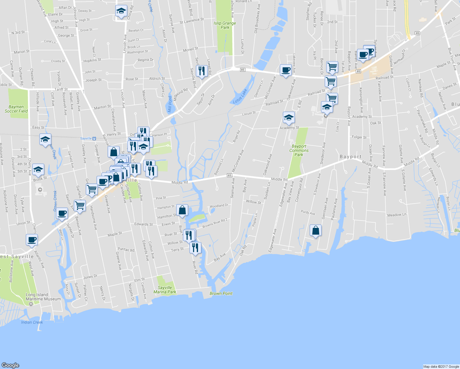 map of restaurants, bars, coffee shops, grocery stores, and more near 34 Seaman Avenue in Bayport