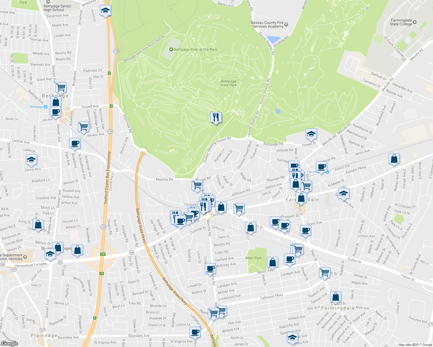 map of restaurants, bars, coffee shops, grocery stores, and more near 29 Hill Road in Farmingdale