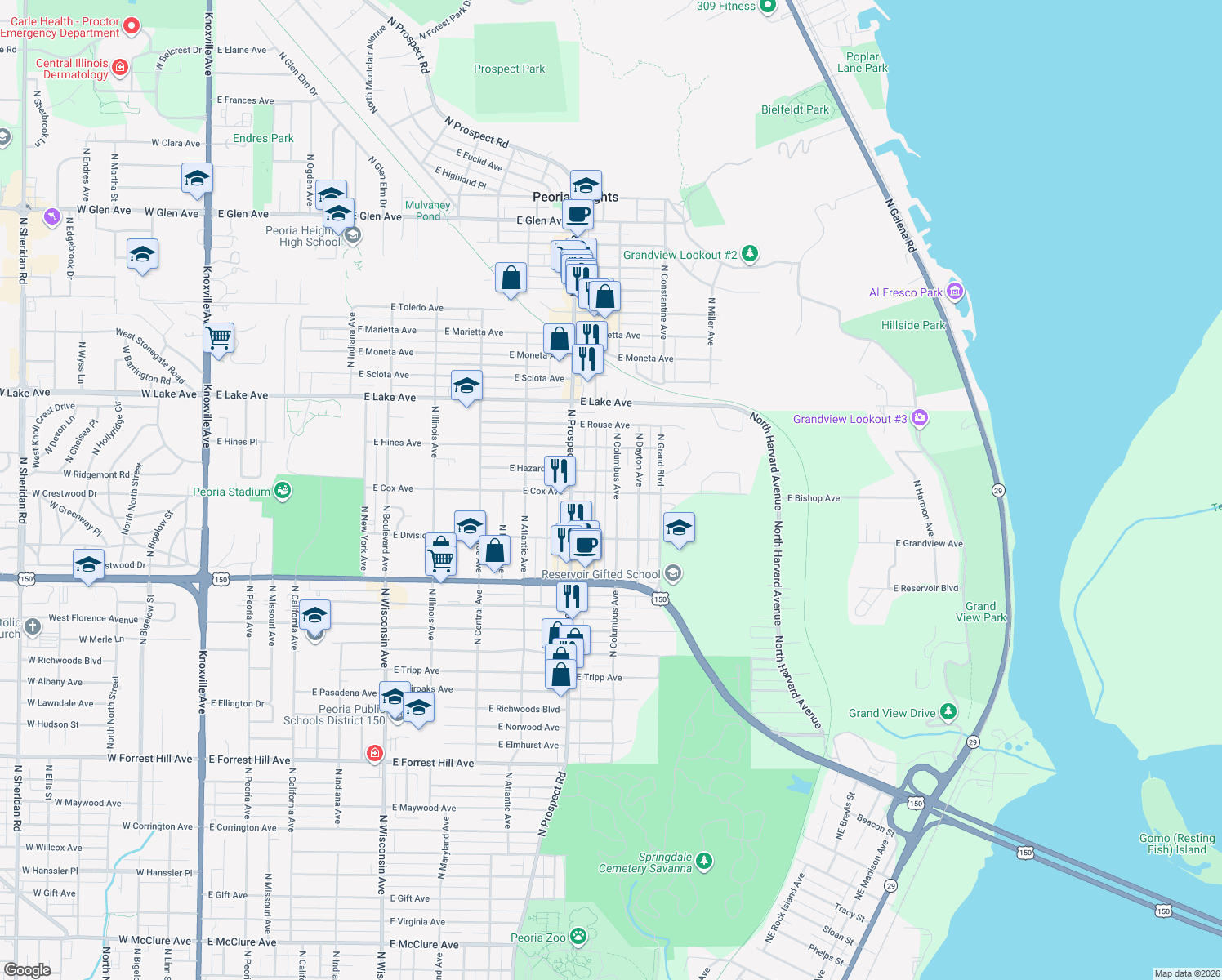 map of restaurants, bars, coffee shops, grocery stores, and more near 1411 East Crestwood Drive in Peoria