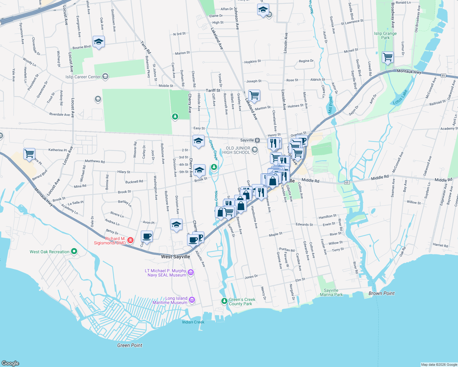 map of restaurants, bars, coffee shops, grocery stores, and more near 91 Saxton Avenue in Sayville