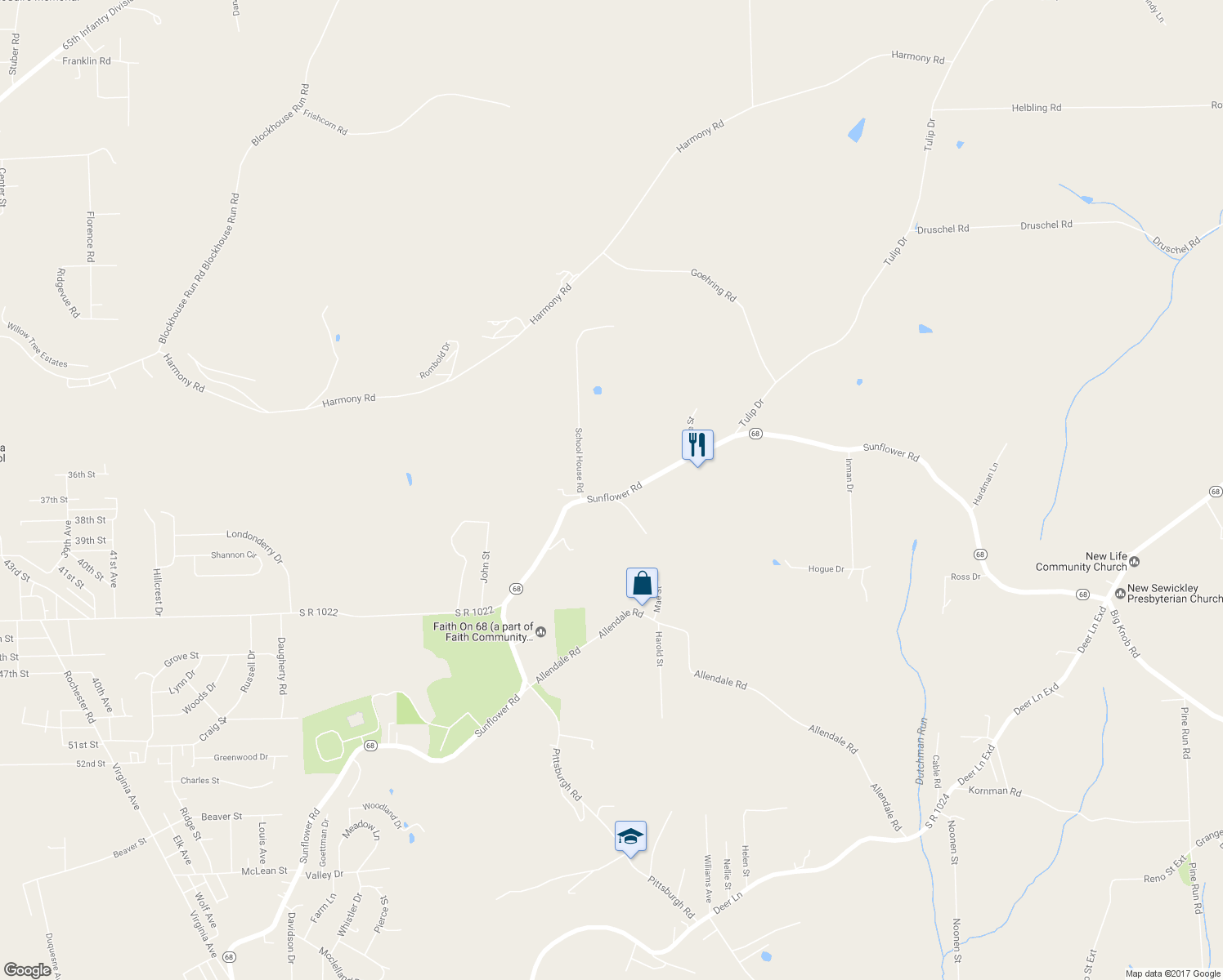 map of restaurants, bars, coffee shops, grocery stores, and more near 509 Pennsylvania 68 in New Brighton