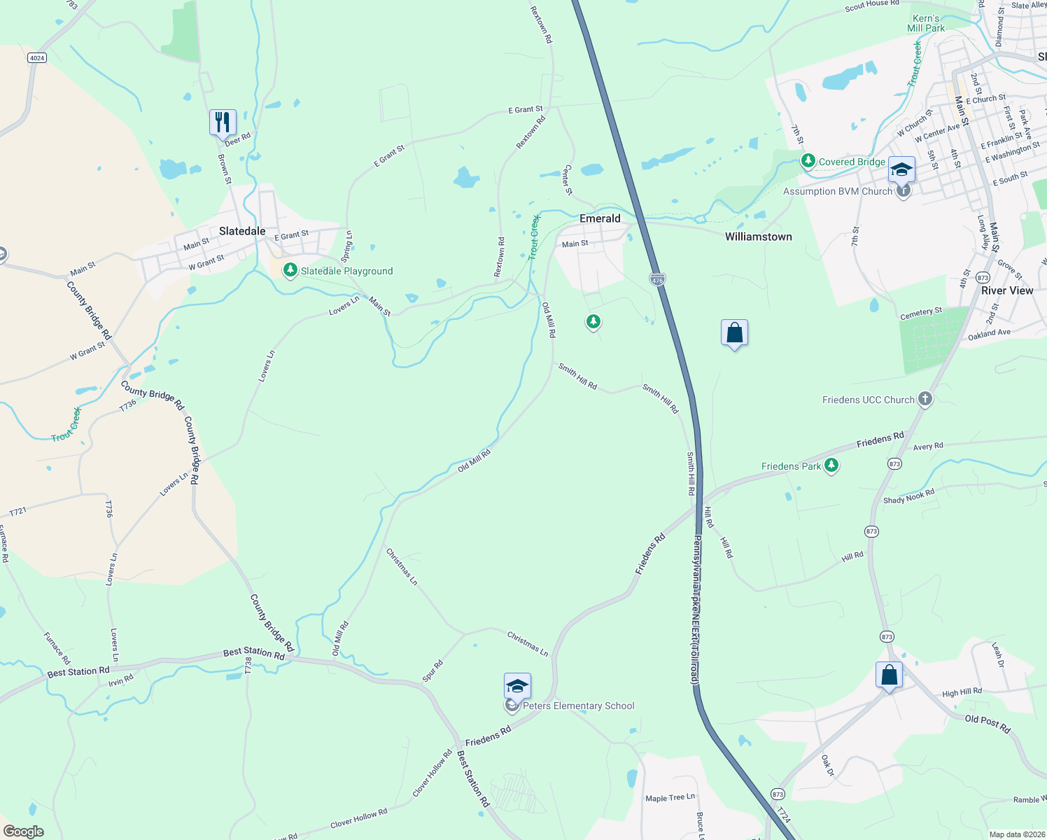 map of restaurants, bars, coffee shops, grocery stores, and more near 3720 Old Mill Rd in Slatington