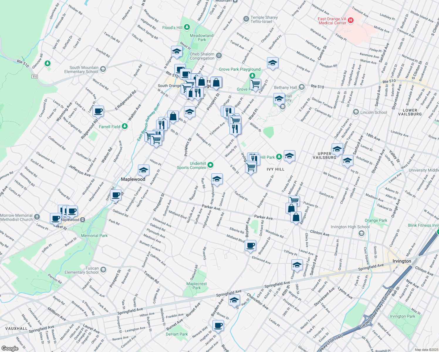 map of restaurants, bars, coffee shops, grocery stores, and more near 27 Berkshire Road in Maplewood