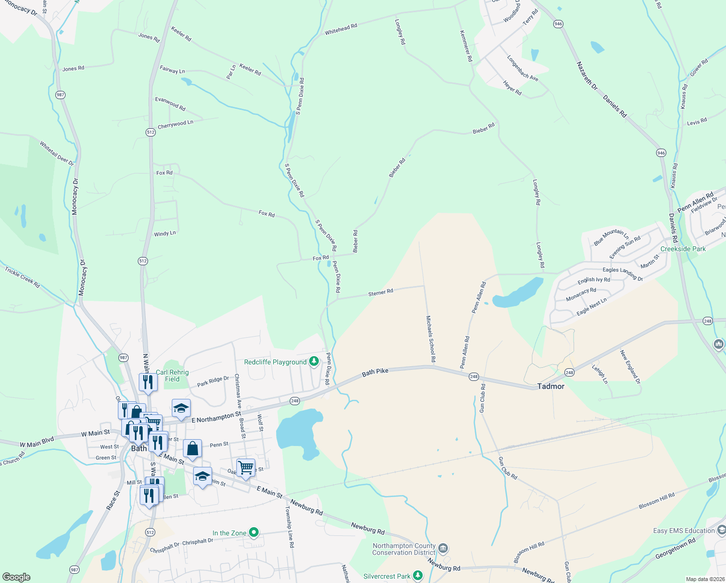map of restaurants, bars, coffee shops, grocery stores, and more near 3224 Sterner Road in Nazareth