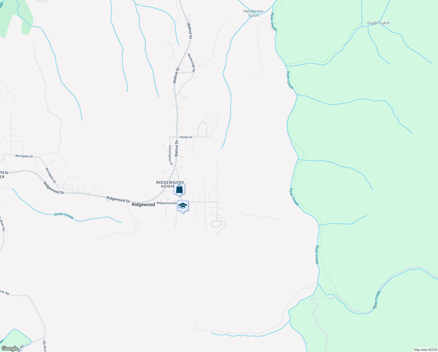 map of restaurants, bars, coffee shops, grocery stores, and more near 6019 Beechwood Drive in Eureka