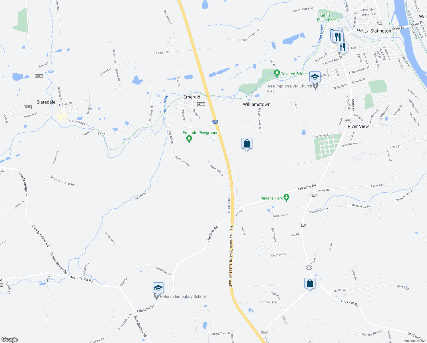 map of restaurants, bars, coffee shops, grocery stores, and more near 3442 Smith Hill Road in Slatington