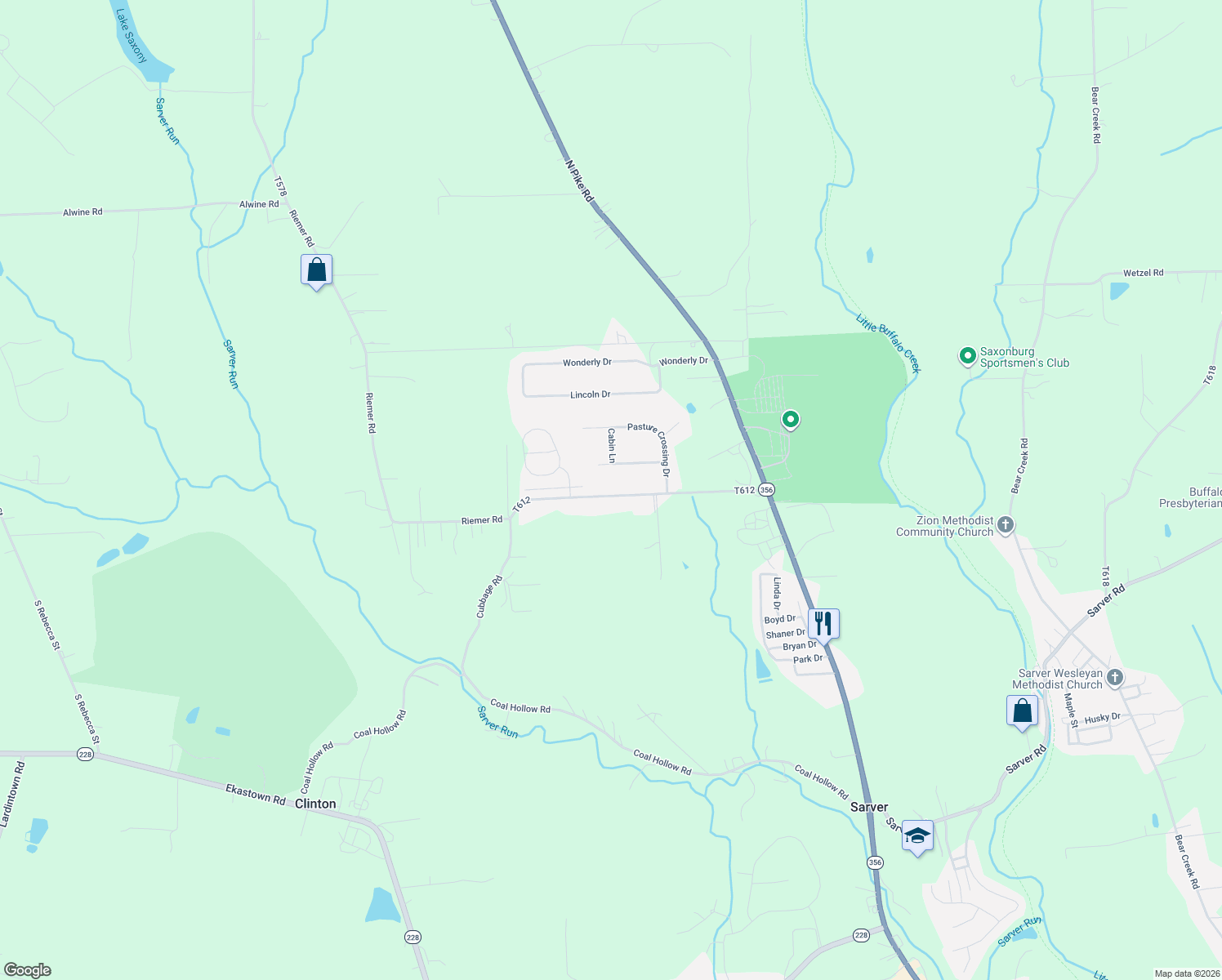 map of restaurants, bars, coffee shops, grocery stores, and more near 167 Riemer Road in Sarver