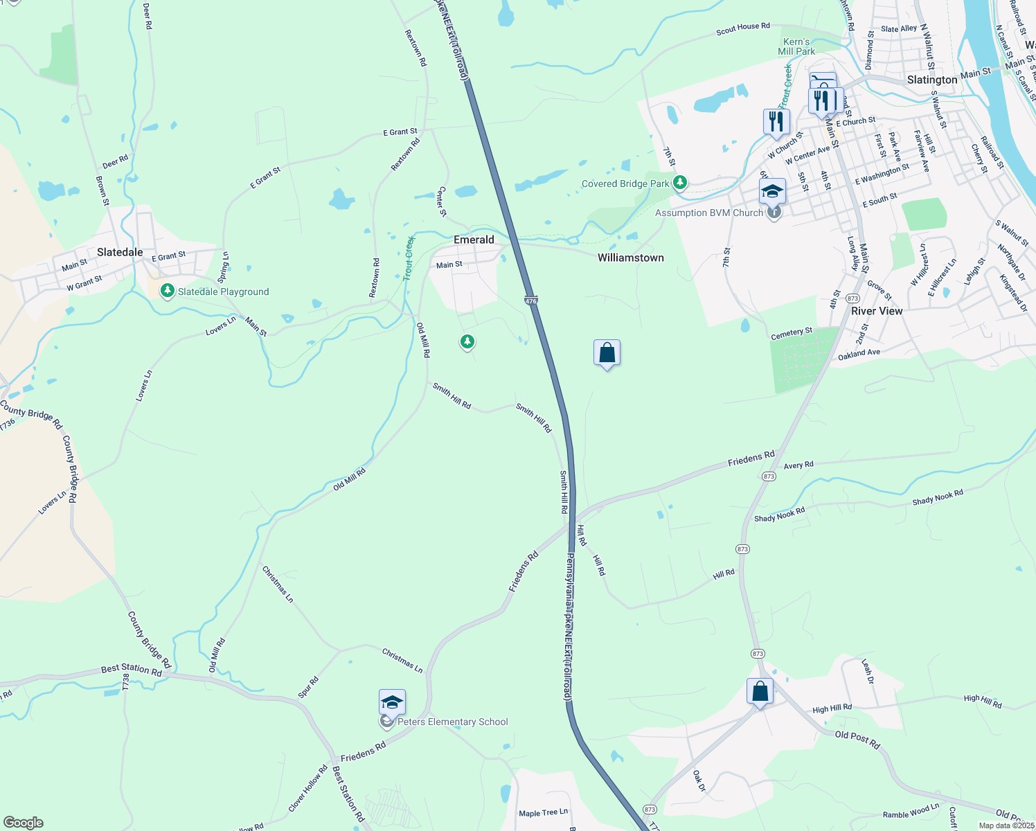 map of restaurants, bars, coffee shops, grocery stores, and more near 3442 Smith Hill Rd in Slatington