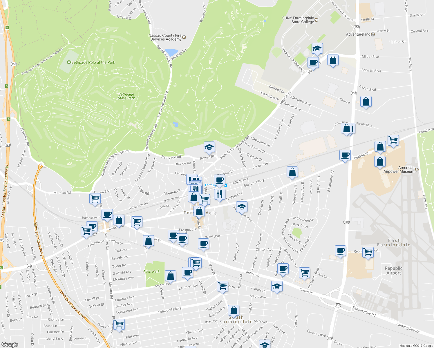 map of restaurants, bars, coffee shops, grocery stores, and more near 25 Sullivan Road in Farmingdale