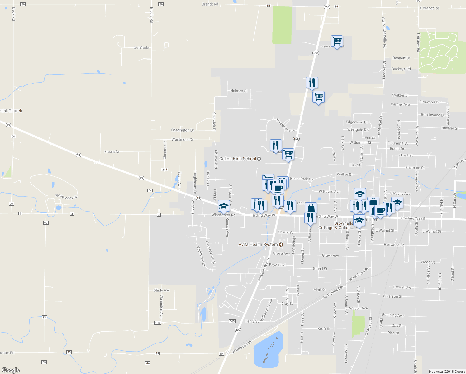 map of restaurants, bars, coffee shops, grocery stores, and more near 135 Arlington Avenue in Galion