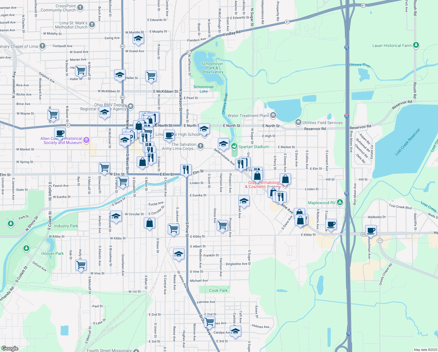 map of restaurants, bars, coffee shops, grocery stores, and more near 222 Harrison Avenue in Lima