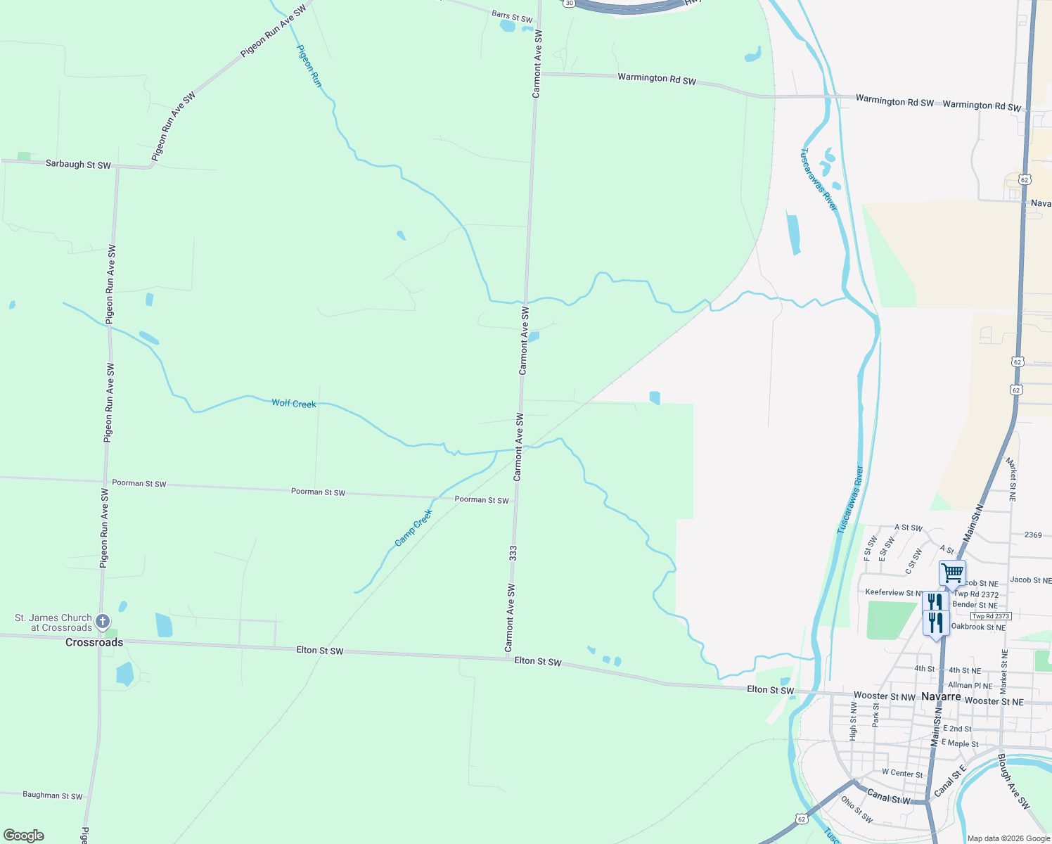 map of restaurants, bars, coffee shops, grocery stores, and more near 4980 Carmont Avenue Southwest in Navarre
