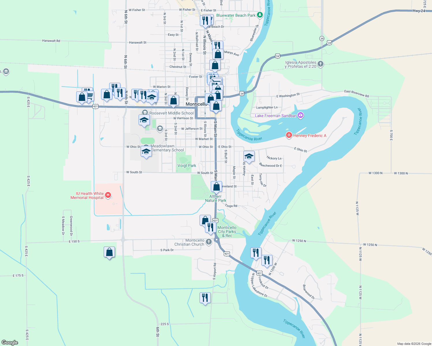 map of restaurants, bars, coffee shops, grocery stores, and more near 599 S Main St in Monticello