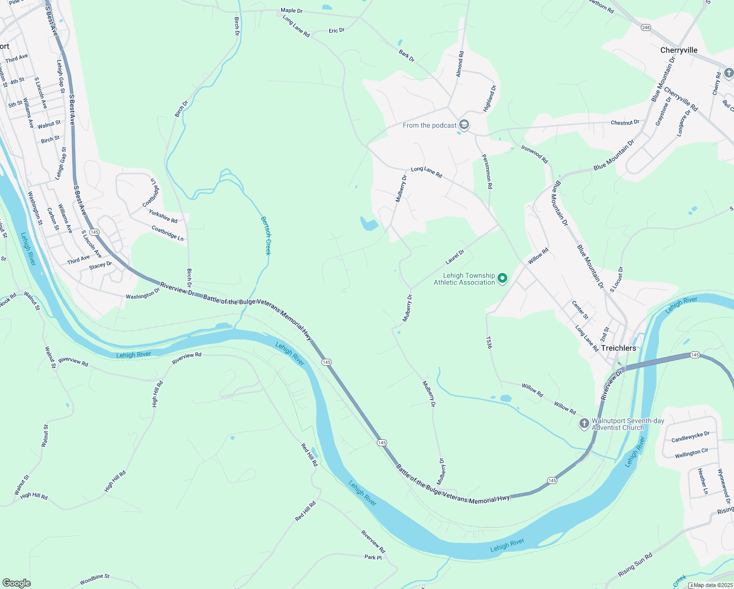 map of restaurants, bars, coffee shops, grocery stores, and more near 436 Woodland Road in Walnutport