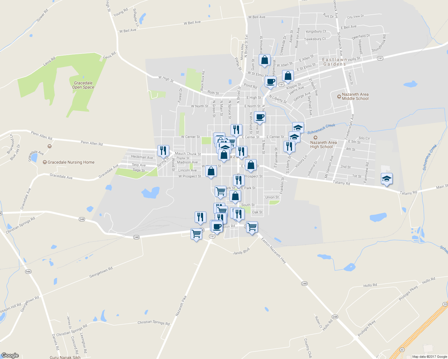 map of restaurants, bars, coffee shops, grocery stores, and more near 213 South Main Street in Nazareth