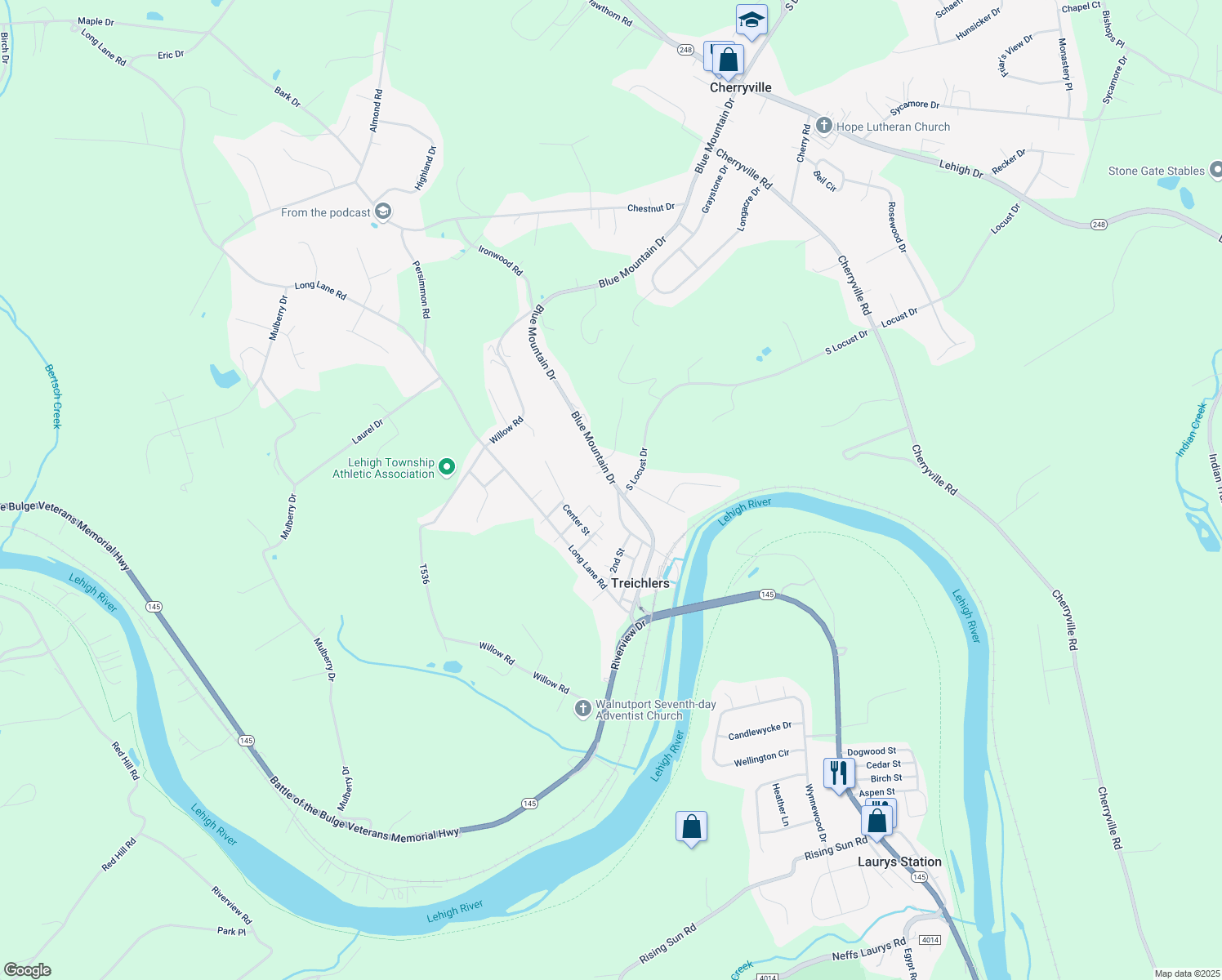 map of restaurants, bars, coffee shops, grocery stores, and more near 4346 3rd Street in Walnutport
