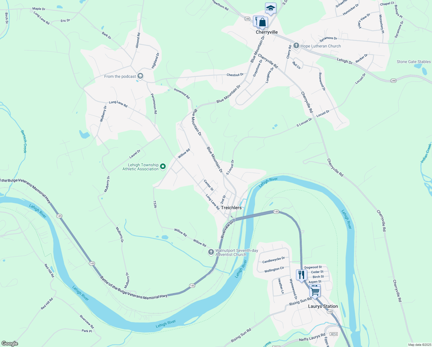 map of restaurants, bars, coffee shops, grocery stores, and more near 4346 3rd Street in Walnutport