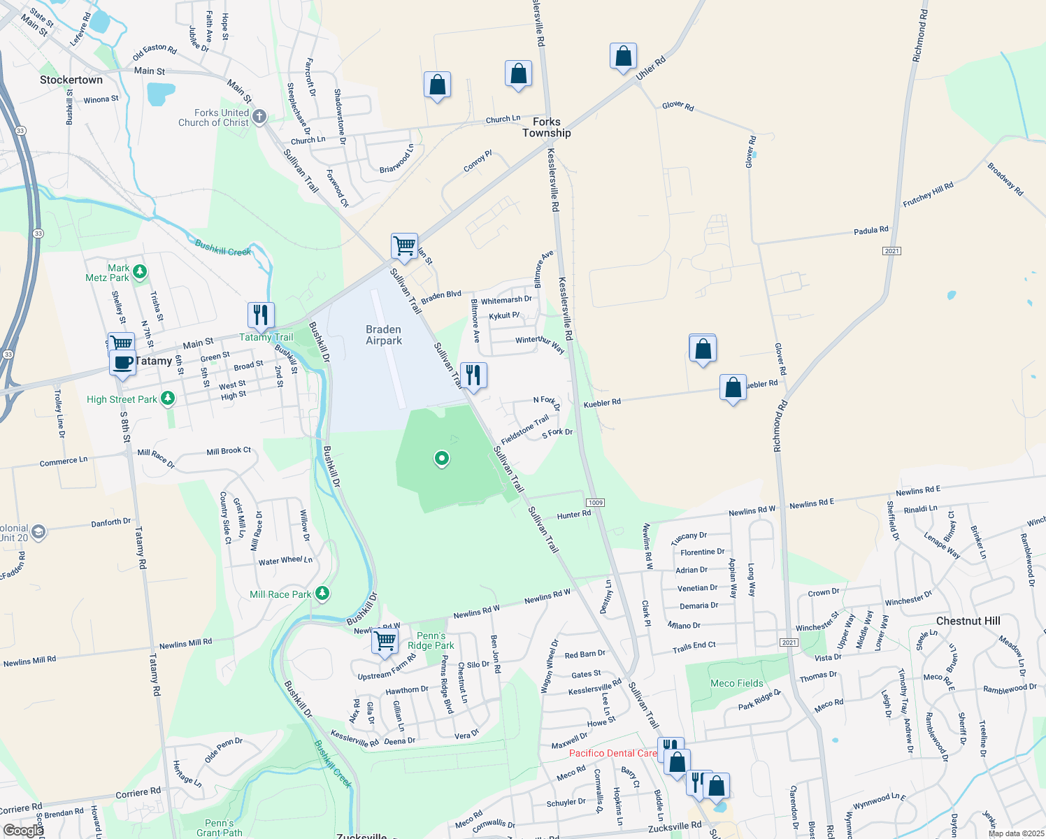 map of restaurants, bars, coffee shops, grocery stores, and more near 937 South Fork Drive in Easton