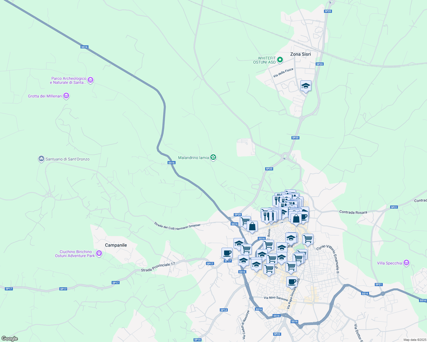 map of restaurants, bars, coffee shops, grocery stores, and more near Contrada Malandrino in Brindisi