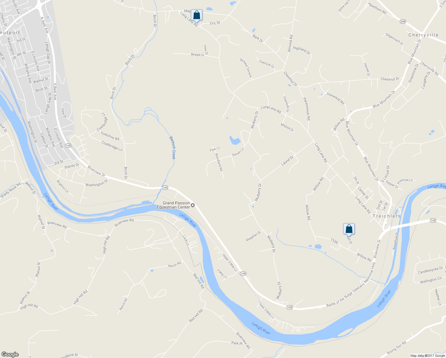 map of restaurants, bars, coffee shops, grocery stores, and more near 436 Woodland Road in Walnutport