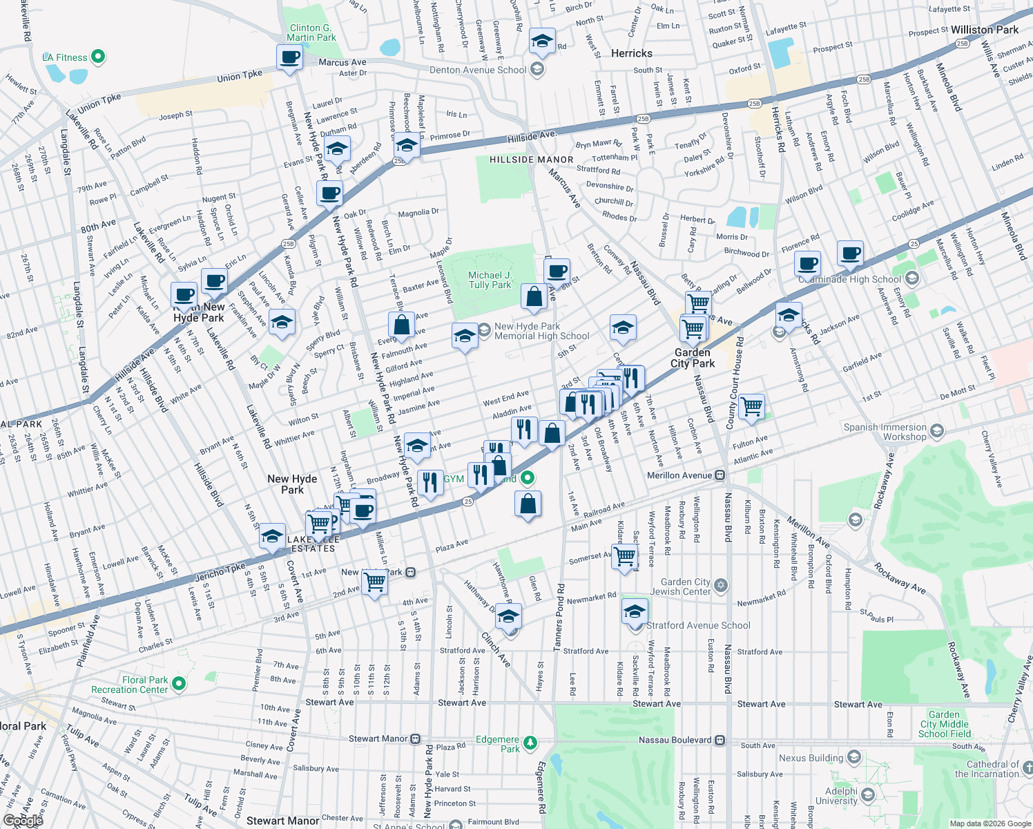 map of restaurants, bars, coffee shops, grocery stores, and more near 1752 Aladdin Avenue in New Hyde Park