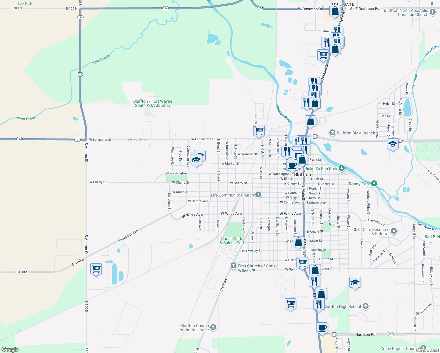 map of restaurants, bars, coffee shops, grocery stores, and more near 1028 W Washington St in Bluffton