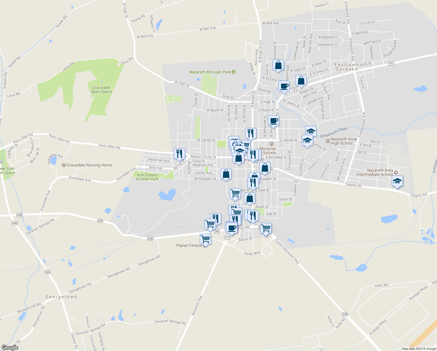 map of restaurants, bars, coffee shops, grocery stores, and more near 171 South Church Street in Nazareth