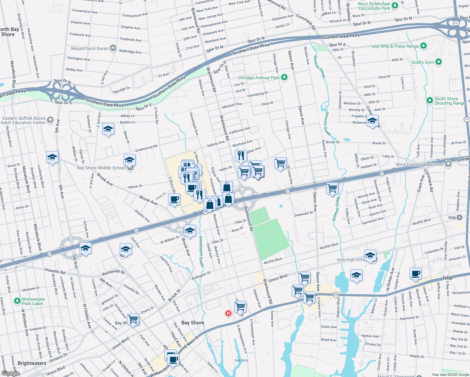 map of restaurants, bars, coffee shops, grocery stores, and more near 48 Nevada Avenue in Bay Shore