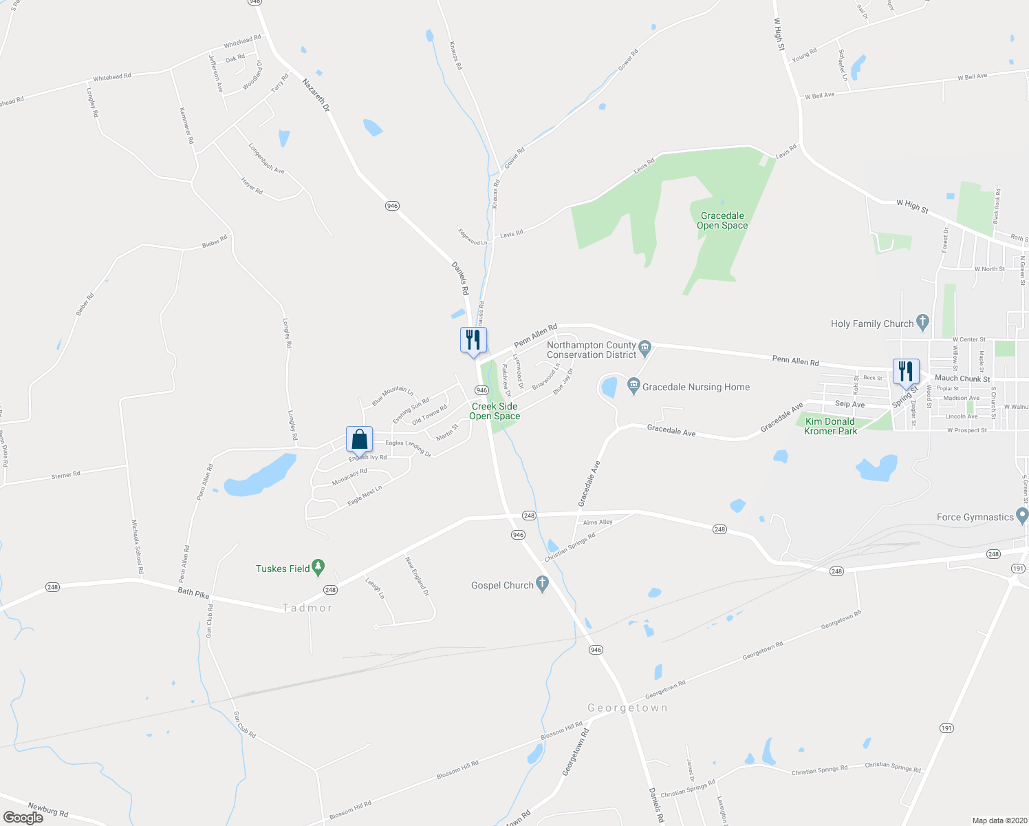 map of restaurants, bars, coffee shops, grocery stores, and more near 2007 Fieldview Drive in Nazareth