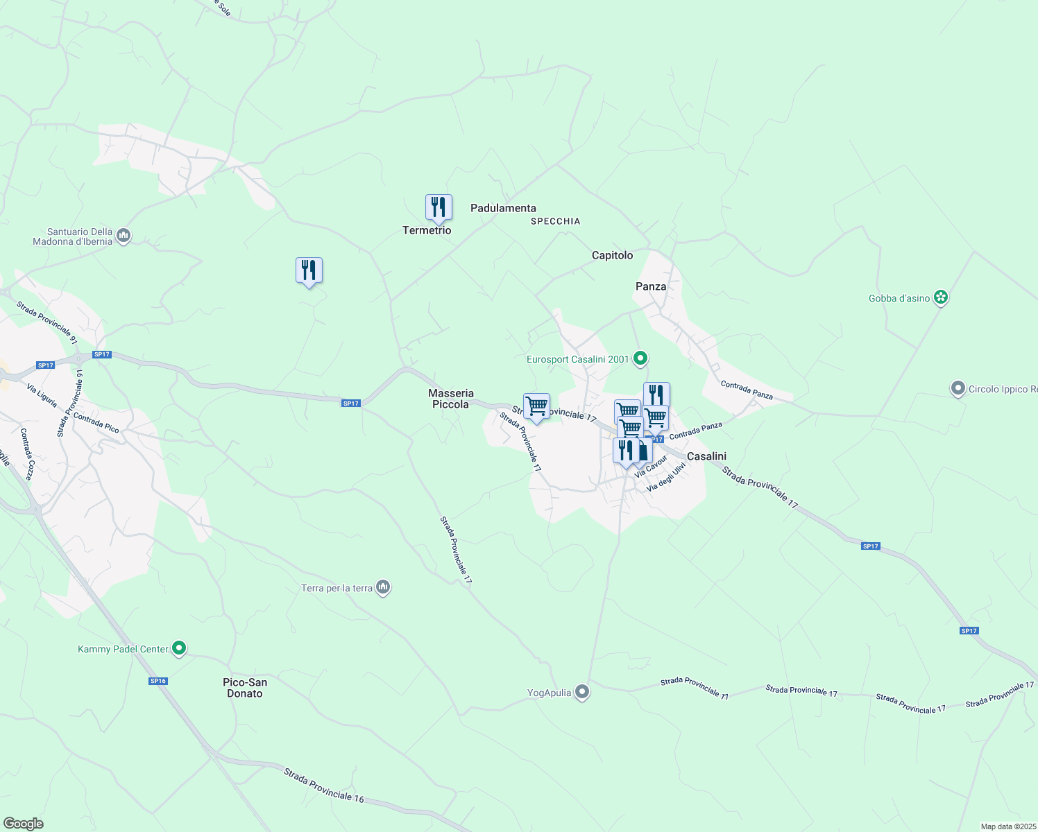 map of restaurants, bars, coffee shops, grocery stores, and more near 31 Contrada Tesoro in Provincia di Brindisi