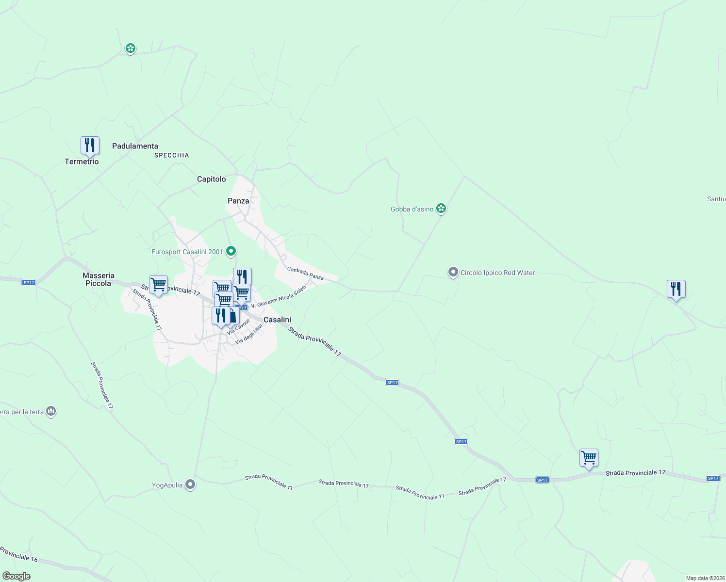 map of restaurants, bars, coffee shops, grocery stores, and more near 1 Contrada Panza in Provincia di Brindisi