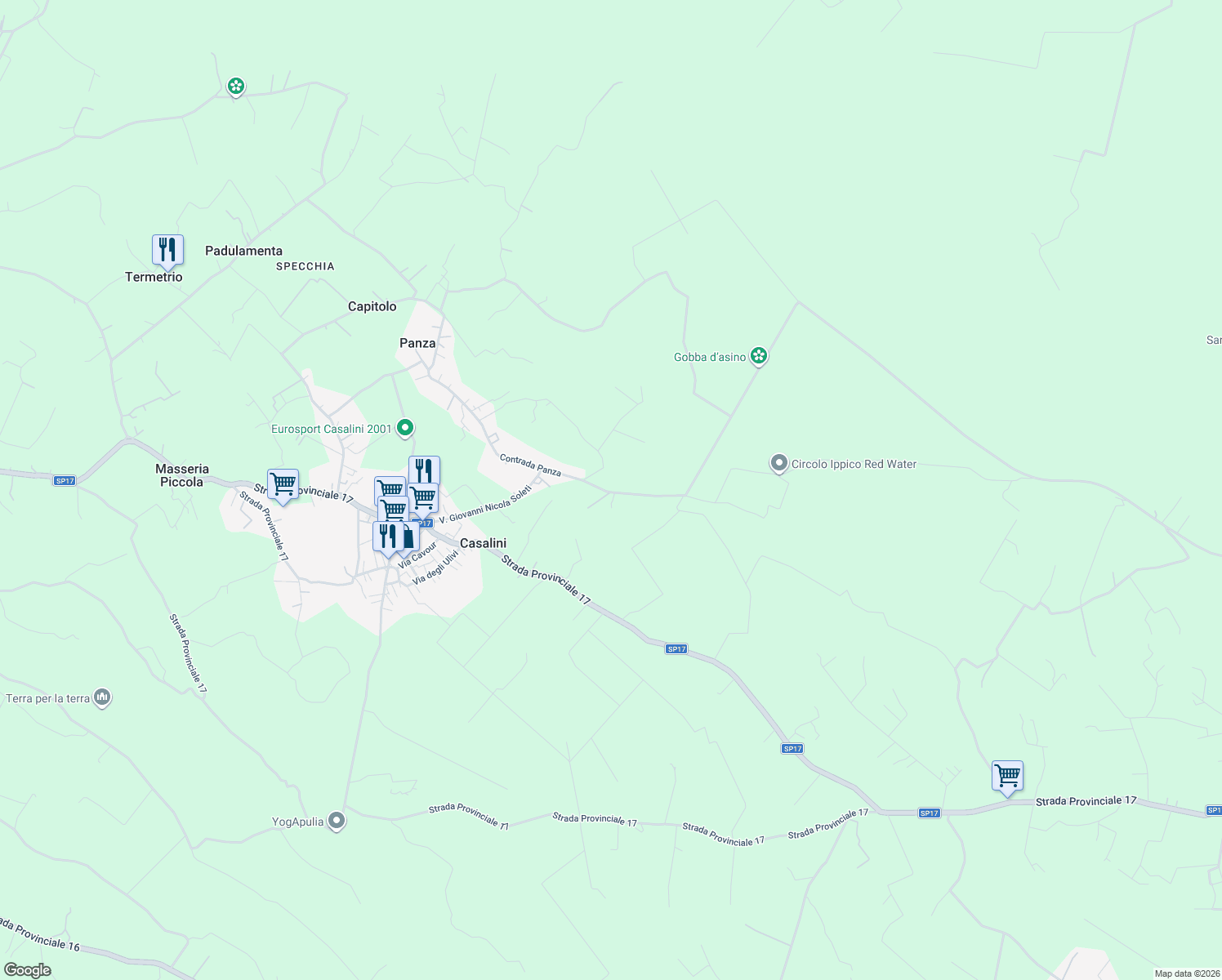 map of restaurants, bars, coffee shops, grocery stores, and more near 1 Contrada Panza in Provincia di Brindisi