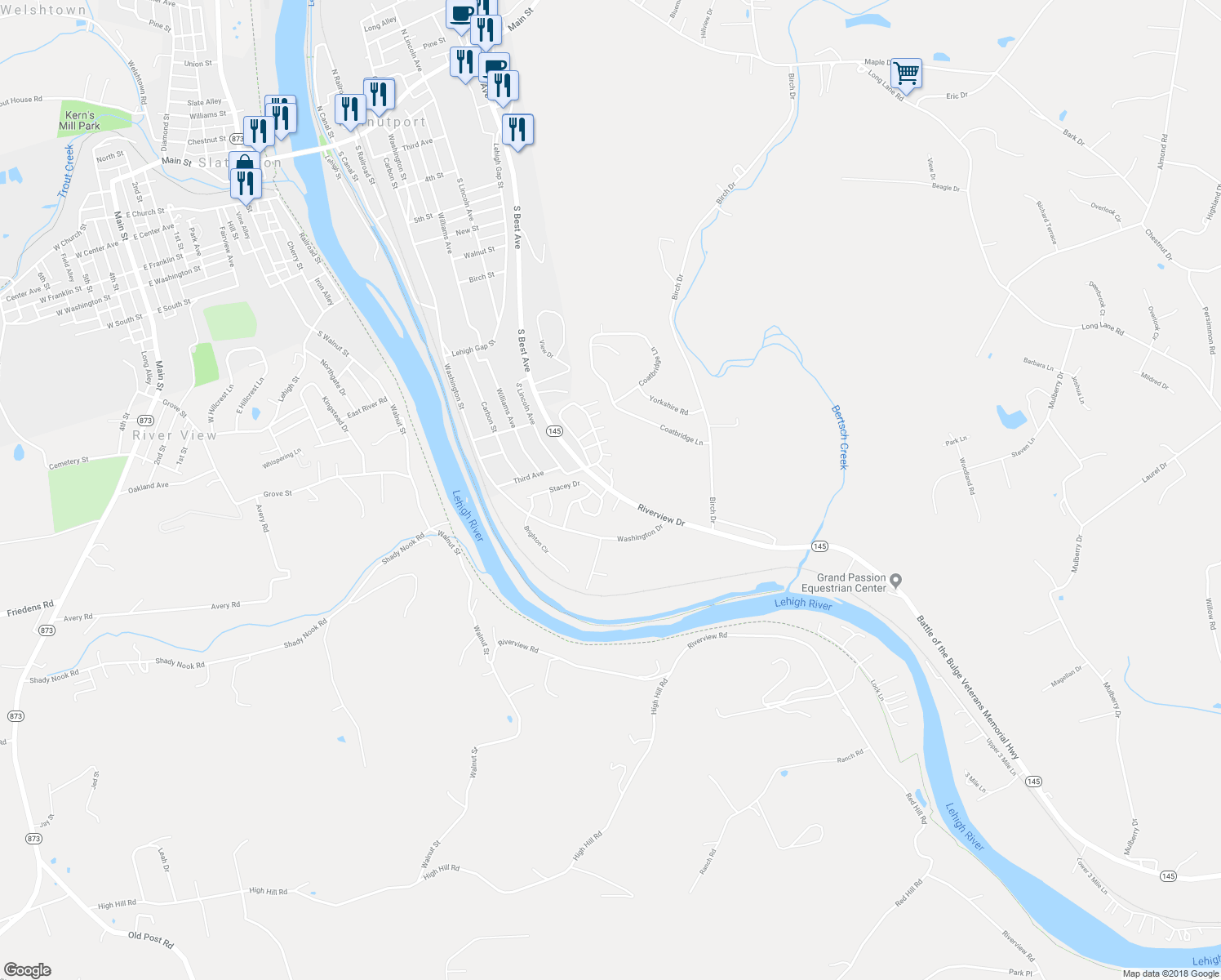 map of restaurants, bars, coffee shops, grocery stores, and more near 45 Walnutport Mobile Court in Walnutport