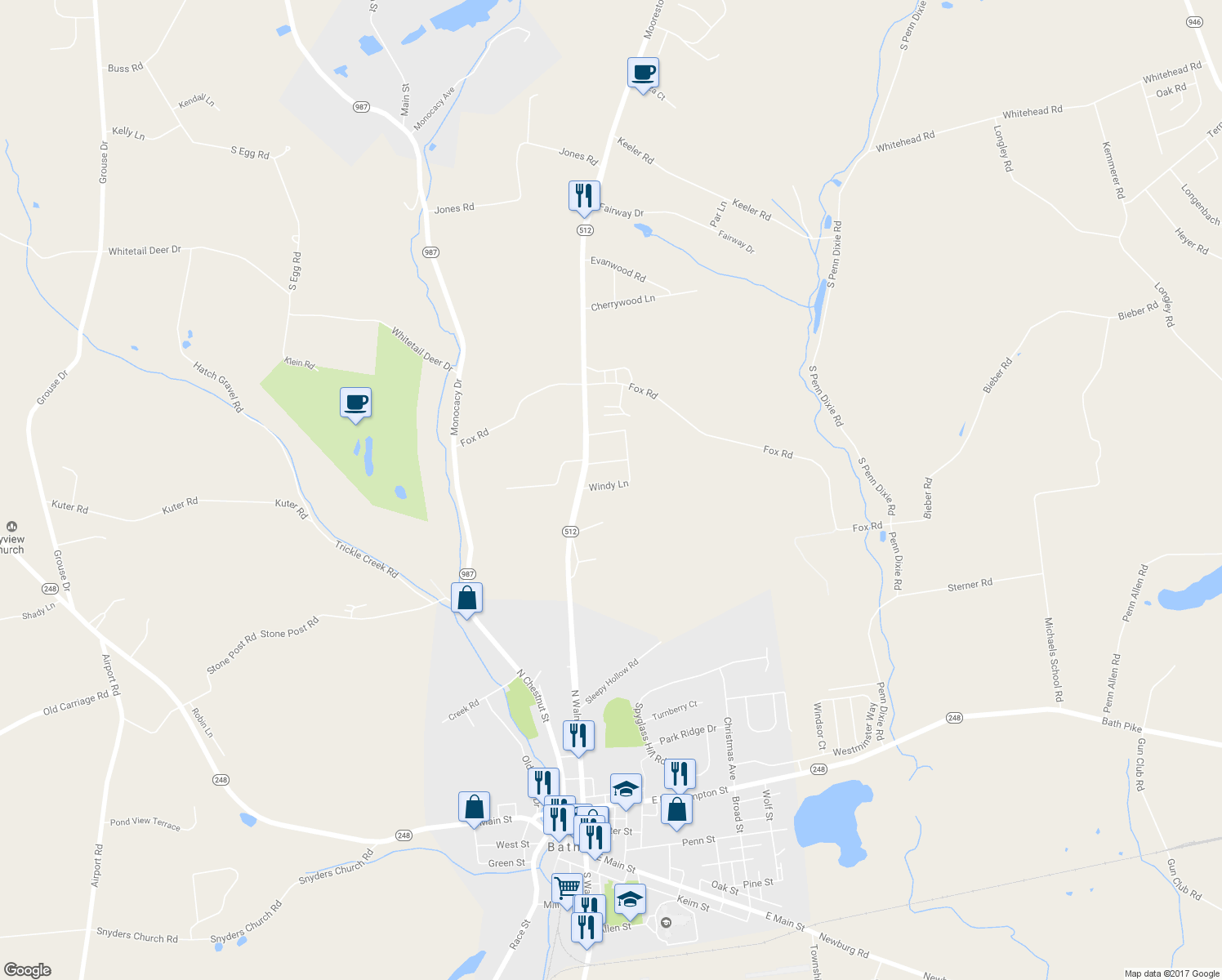 map of restaurants, bars, coffee shops, grocery stores, and more near 2511 Windy Lane in Bath
