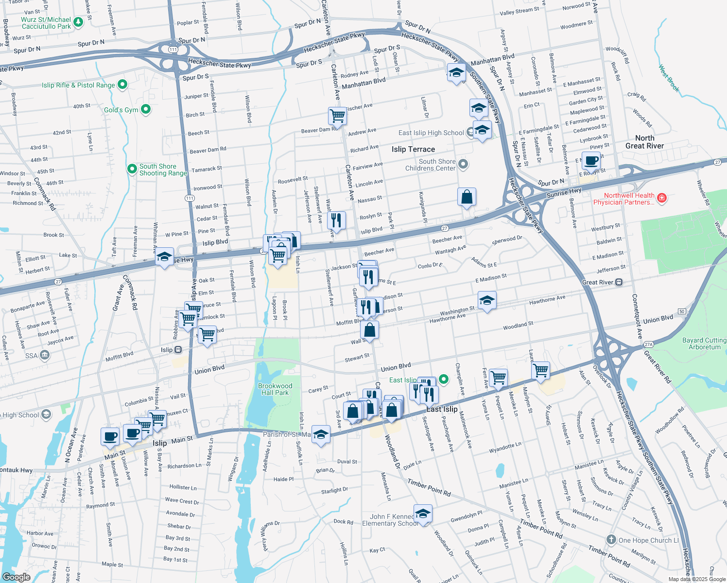map of restaurants, bars, coffee shops, grocery stores, and more near 190 Carleton Avenue in East Islip