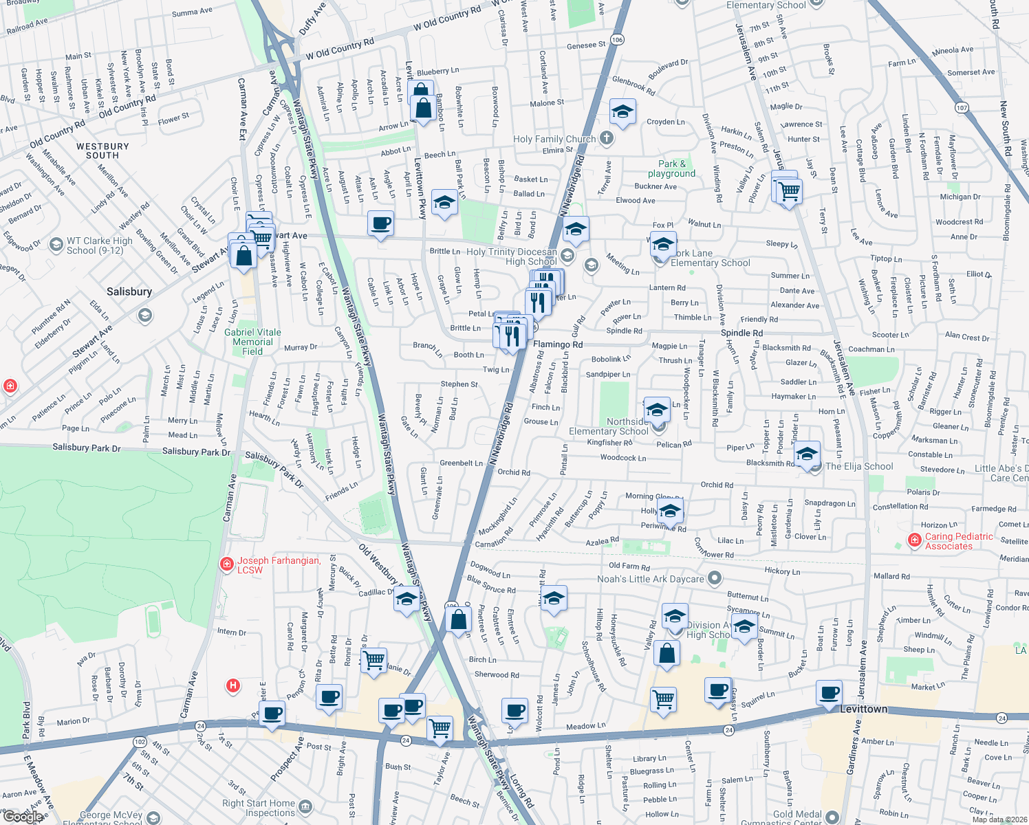map of restaurants, bars, coffee shops, grocery stores, and more near 602 North Newbridge Road in Levittown
