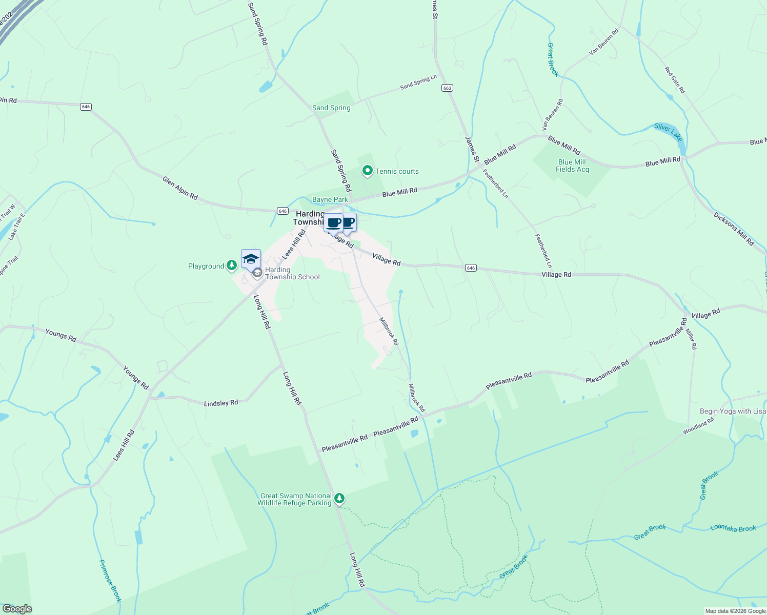 map of restaurants, bars, coffee shops, grocery stores, and more near 47 Millbrook Road in New Vernon