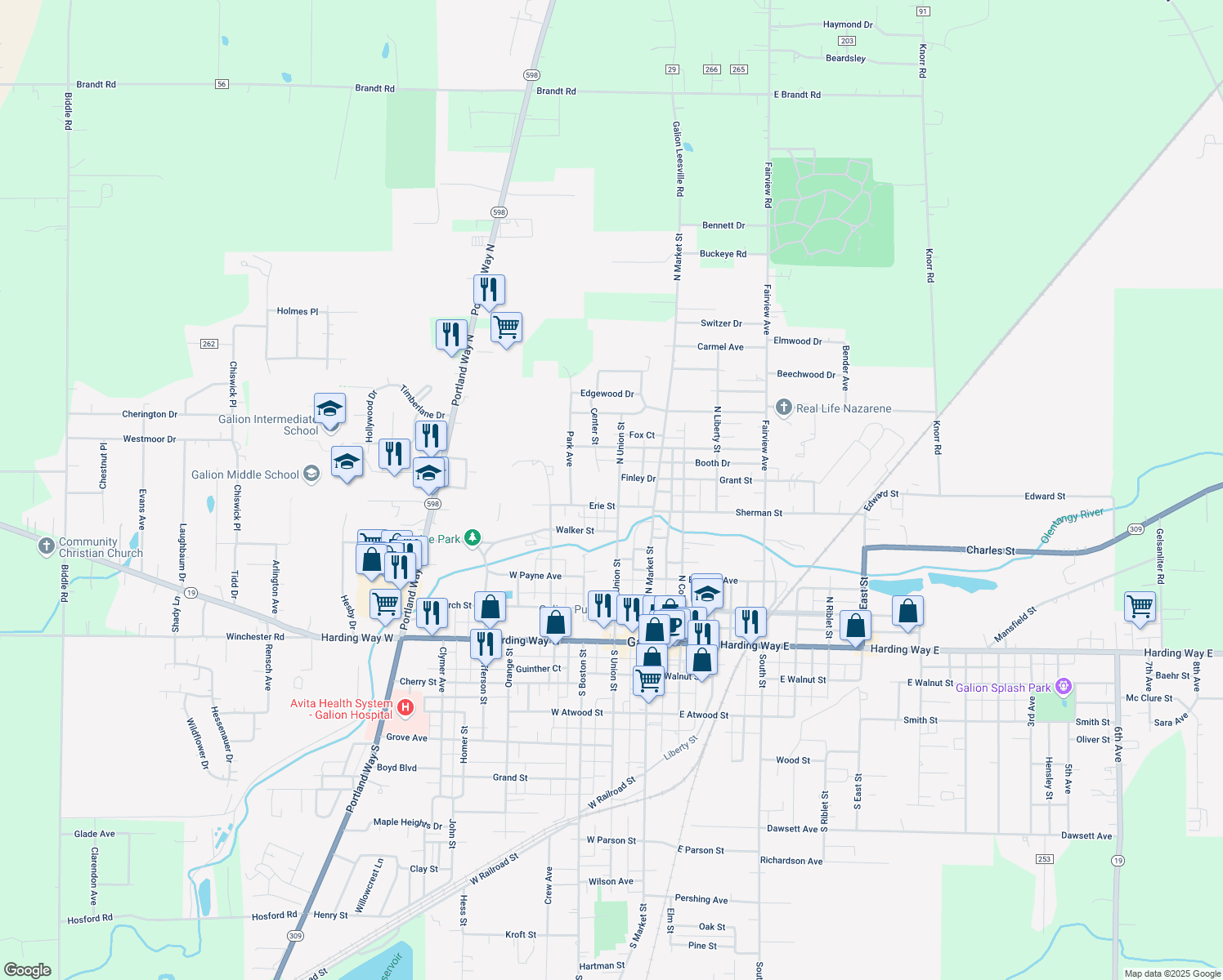 map of restaurants, bars, coffee shops, grocery stores, and more near 520 North Union Street in Galion