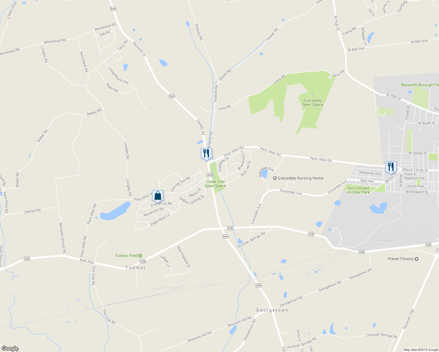 map of restaurants, bars, coffee shops, grocery stores, and more near 2027 Fieldview Drive in Nazareth