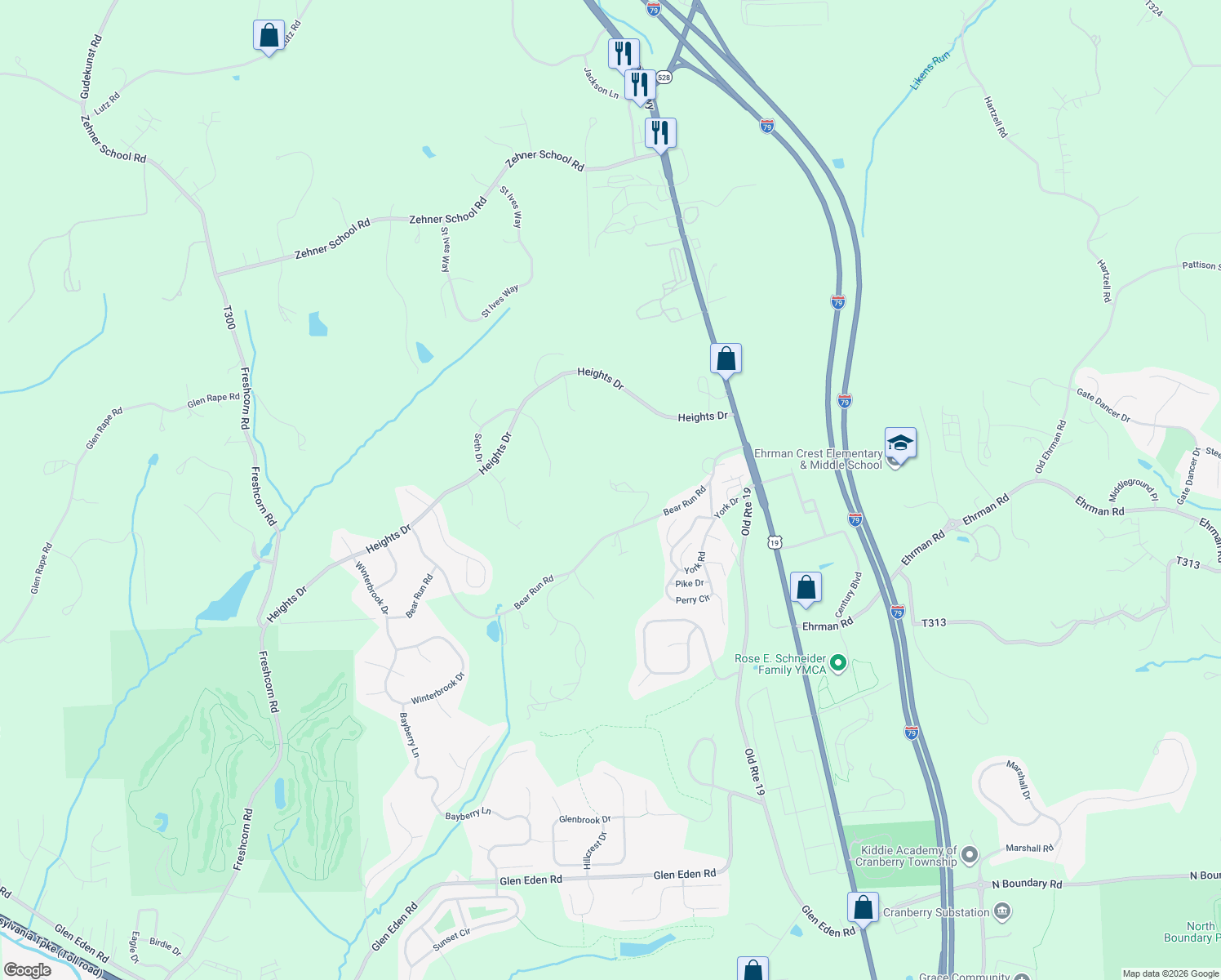 map of restaurants, bars, coffee shops, grocery stores, and more near 5056 Bear Run Road in Cranberry Township