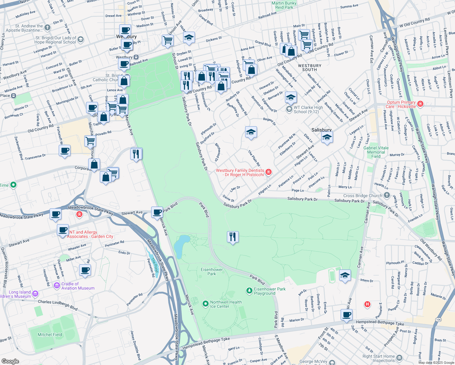 map of restaurants, bars, coffee shops, grocery stores, and more near 1931 Ladenburg Drive in Westbury