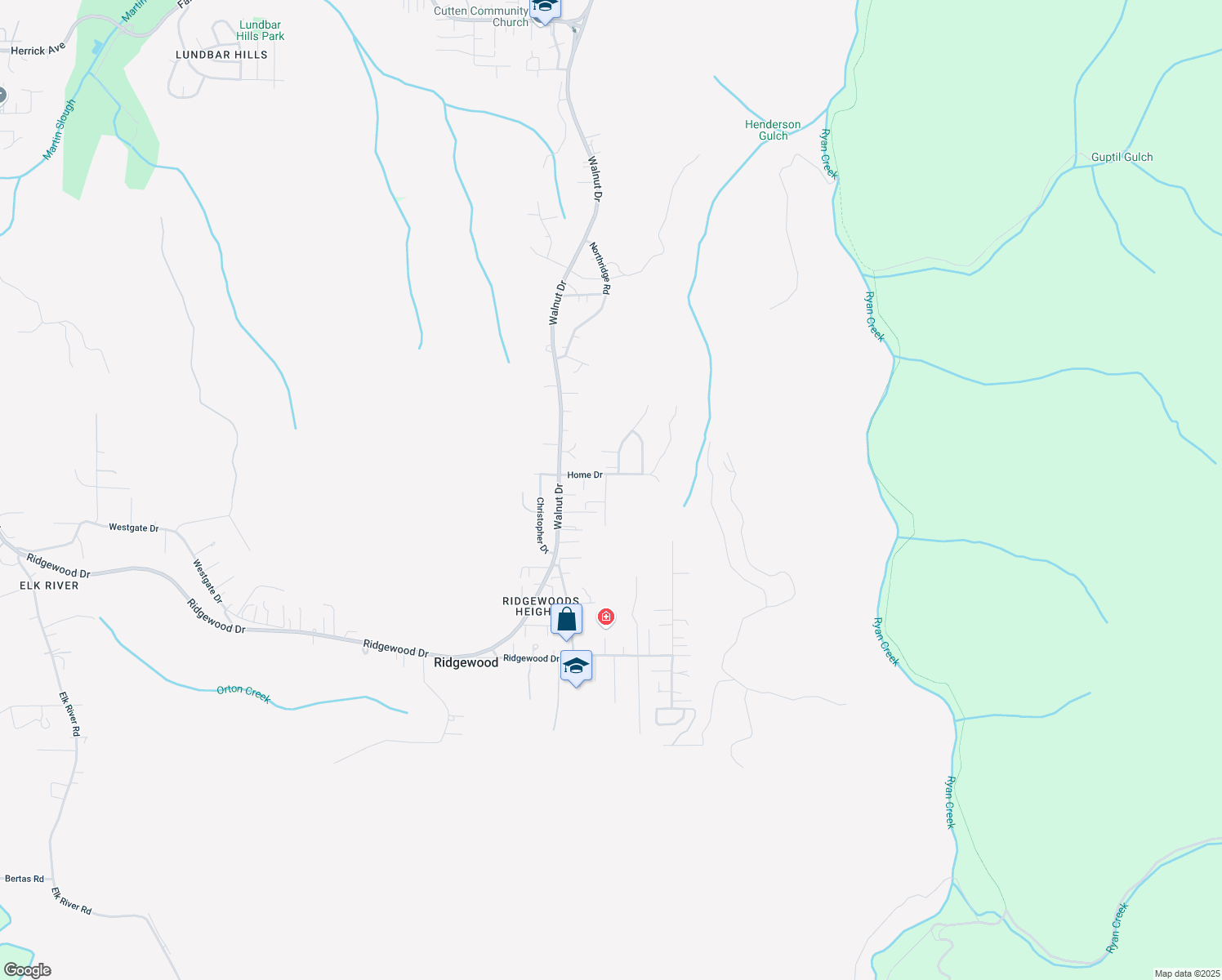 map of restaurants, bars, coffee shops, grocery stores, and more near 2299 Home Drive in Eureka