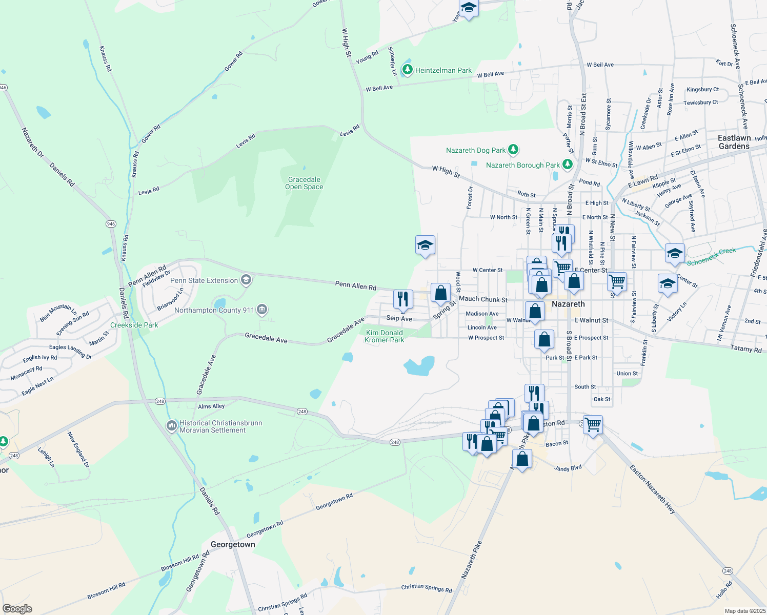 map of restaurants, bars, coffee shops, grocery stores, and more near 647 Heckman Avenue in Nazareth