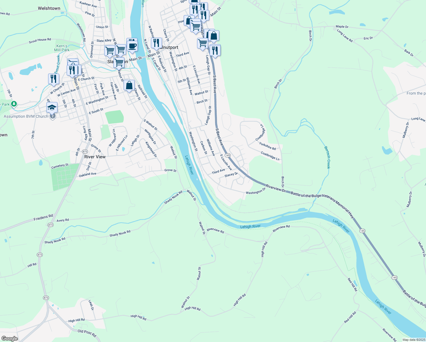map of restaurants, bars, coffee shops, grocery stores, and more near 117 3rd Avenue in Walnutport