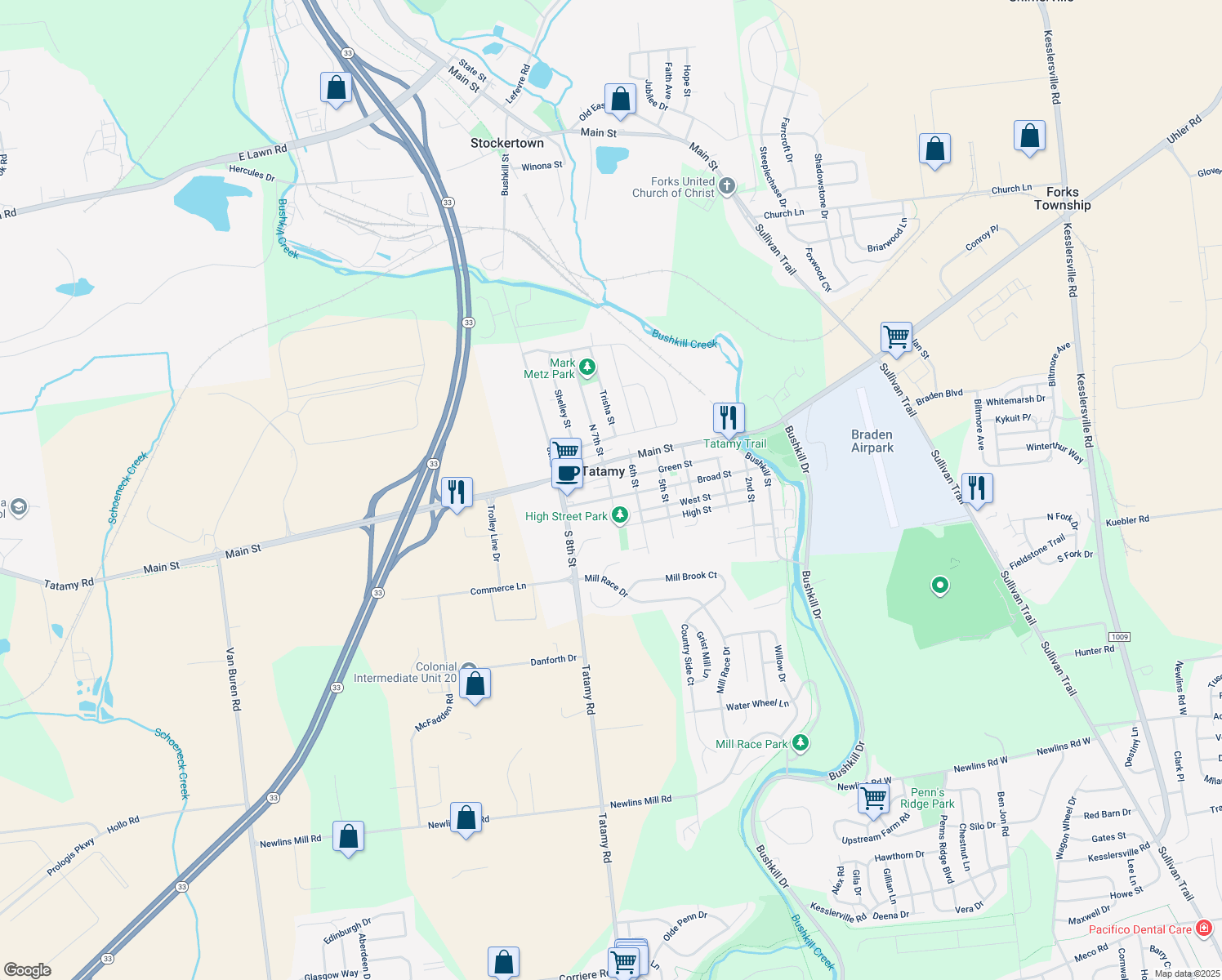 map of restaurants, bars, coffee shops, grocery stores, and more near 66 South 7th Street in Tatamy