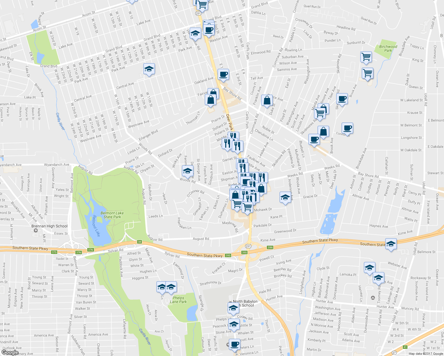 map of restaurants, bars, coffee shops, grocery stores, and more near 57 Shipman Avenue in North Babylon