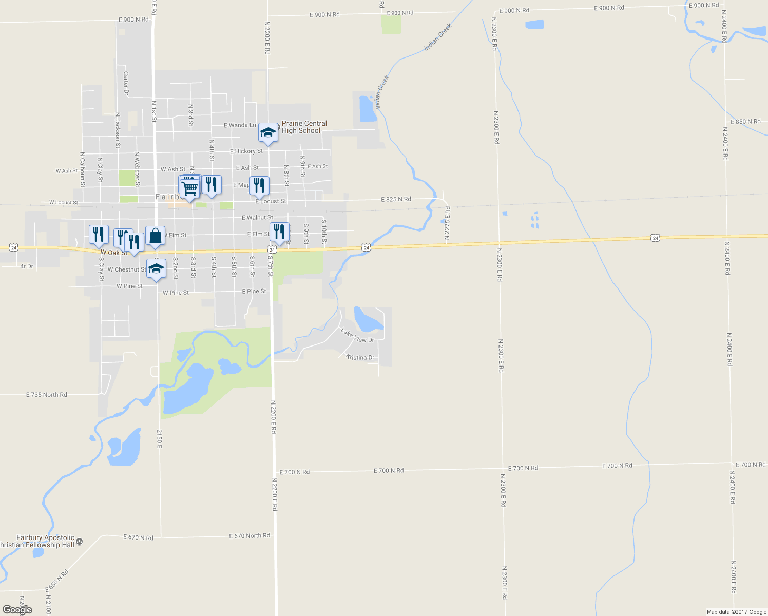 map of restaurants, bars, coffee shops, grocery stores, and more near 101 Lake View Drive in Fairbury