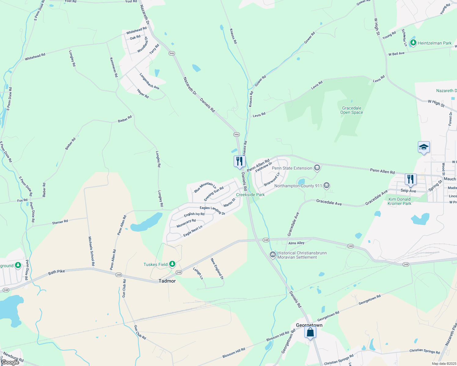 map of restaurants, bars, coffee shops, grocery stores, and more near 2204 Evening Sun Road in Nazareth