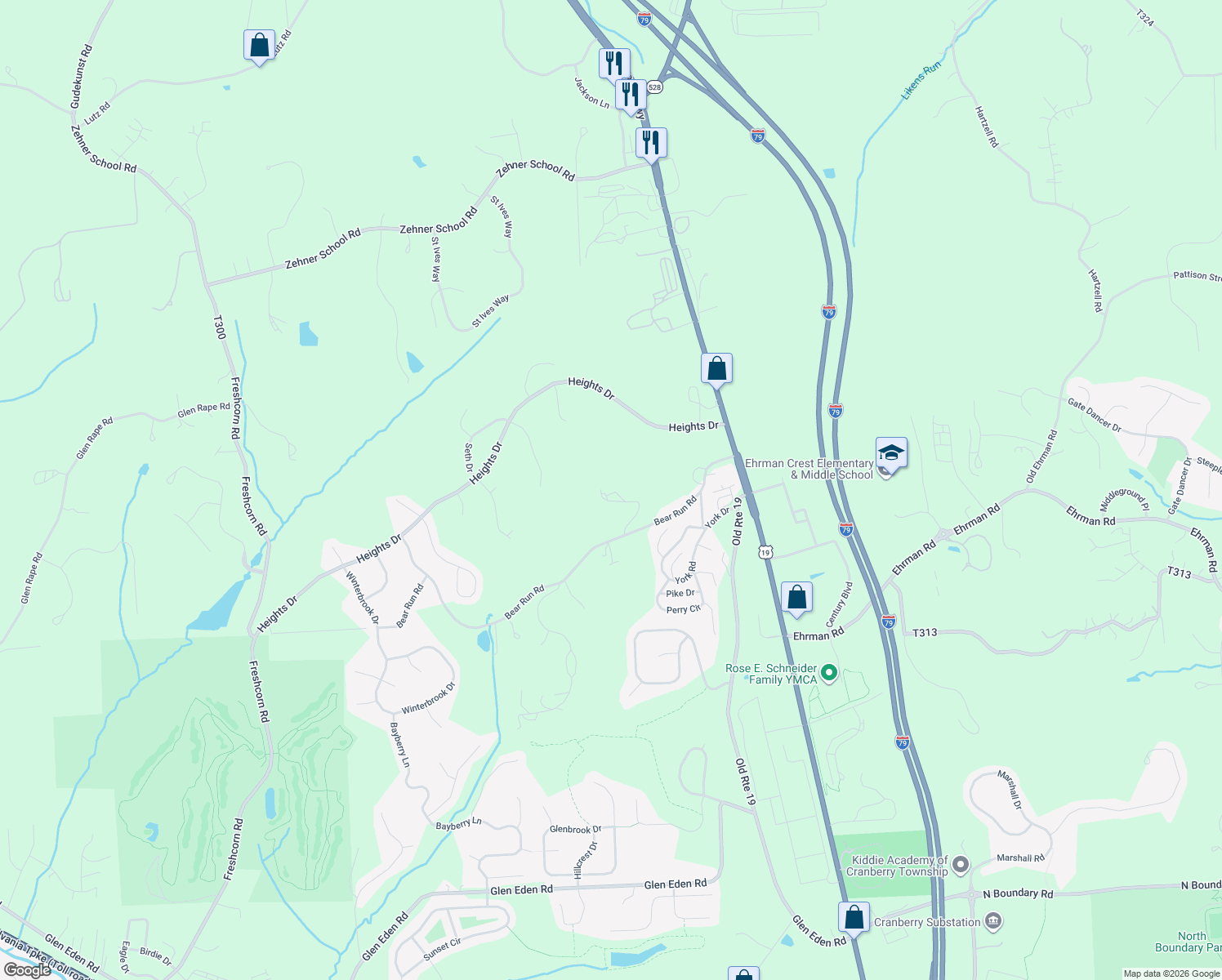 map of restaurants, bars, coffee shops, grocery stores, and more near 5056 Bear Run Road in Cranberry Township