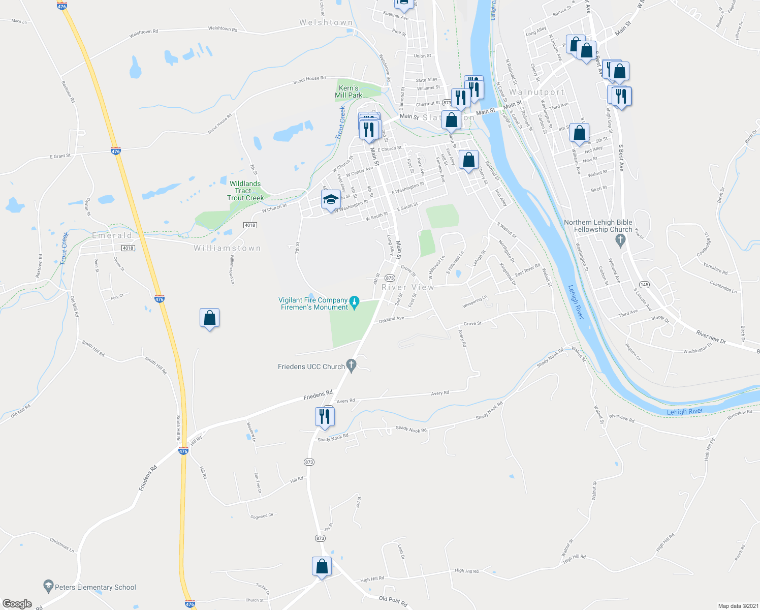 map of restaurants, bars, coffee shops, grocery stores, and more near 7298 Pennsylvania 873 in Slatington